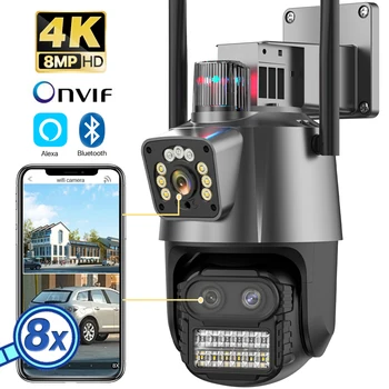 4K 9MP HD IP камера Външна, С 8-кратно Увеличение, три Обективи, с Двоен Екран, Wifi PTZ Камера Полицейска Светлинна Аларма, видео Наблюдение Onvif ICSEE