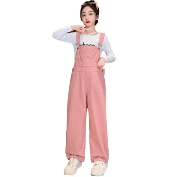 Широки панталони за момичета, корейски модерен детски гащеризон розово за момичета, детски гащеризони, панталони salopette fille