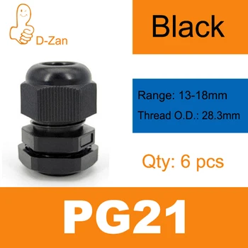 6 бр. Пластмасов кабелен вход за 13-18 мм, черен на цвят, водоустойчив найлонов кабелен тел PG7 PG9 PG11 а pg13.5 PG21