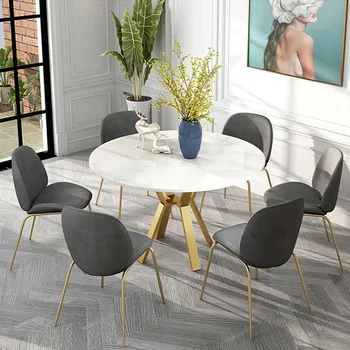 Модерна маса за хранене от бял кръгла от изкуствен мрамор с метална основа златист цвят, мебели за ресторант