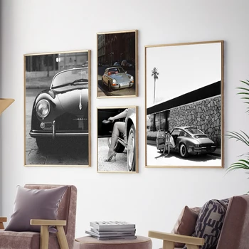 Черно-Бял, Стар Плакат със Снимка на автомобил Porsche, Живопис върху Платно, Реколта Класически Автомобили Щампи, Монтиране на Изображението, за Украса