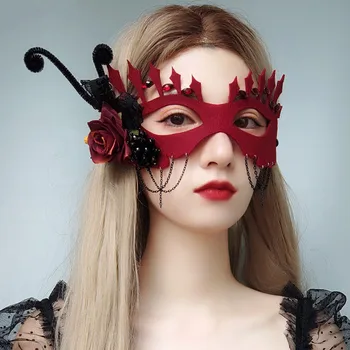 Реколта дамски маска, тъмно червена роза, верига с вълнообразни шапки, аксесоари за изказвания, вечерни аксесоари за парти на Хелоуин
