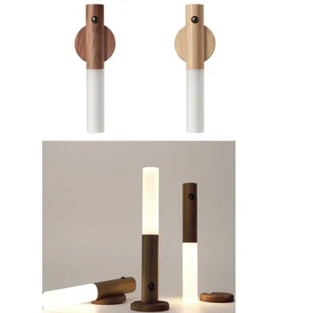 Led дървена Безжичен USB-лека нощ Магнитен монтиран на стената лампа, Кухненски шкаф-купе Настолна лампа за дома спални прикроватное осветление