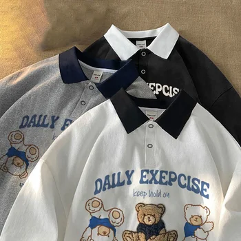 2023SS Чист риза с ревери, За мъже И жени, тениска с принтом кавайного мечка, Луксозни универсални ежедневни тениски с контрастни букви копчета