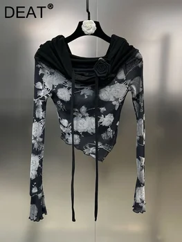 Модна тениска с кръгло деколте и дълъг ръкав Неправилни форми За Жените, Принт под формата на тай-боя, Дантела с 3D Цветове, Дизайнерски Топ 2023, Есенна Новост 11XX5247