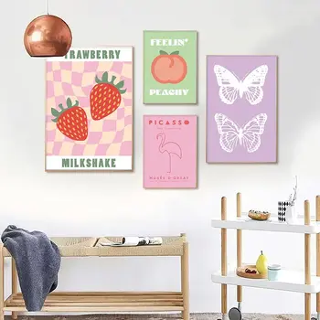 Абстрактен Датски Розово Плакат Естетика Цветна Картина С Маслени Бои На Rainbow Лилаво, Зелено Сърце На Пеперуда На Цвете Стенни Художествена Живопис