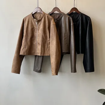 Секси кожени палта Maillard кафяв цвят, есен 2023 г., Нов корейски топ с кръгло деколте и дълъг ръкав, къси палта H3908