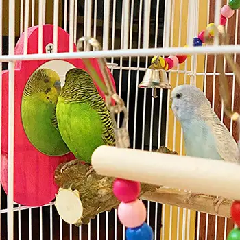 Bird ' s Огледало С Жердочкой Поставка за Папагал Дървена Пръчка Играчки във формата на Цвете Аксесоари за птичи клетки Стоки за домашни любимци