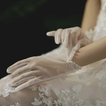 Сладки Бели Сватбени Ръкавици с Ръчно изработени с лък за годишно момиче, Тюлевые Ръкавици без пръсти, Къси сватбени ръкавици, Перлени ръкавици за пръстите