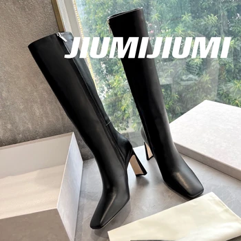 2023 JIUMIJIUMI/ Нови Зимни Ботуши до коляното ръчно изработени от естествена кожа, Дамски обувки 