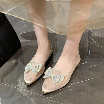 Дишаща Златна стилна, удобна лятна дамски обувки на плоска подметка с остри пръсти и кристали, украсена с лък