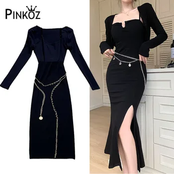 Pinkoz, черна готик рокля-двойка за момичета, женски есен дебнещ рокля bdycon, midi-рокли за спагети презрамки + жилетки, комплект, халат за баня + колан