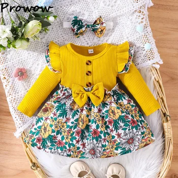 Prowow/Бебешки рокли с Дължина от 3 до 24 м, Жълта рокля с цветен модел за момичета рокля с трапецовидна форма за деца, Дрехи за новородени момичета