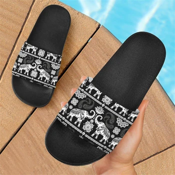 ELVISWORDS Бохемски tribal дизайн във формата на слон, Черни маркови летни чехли Унисекс Домашни чехли за двойки, нескользящая обувки за баня