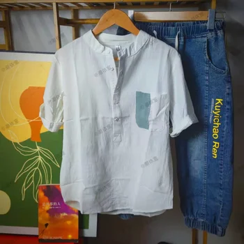 Лятна тънък памучен бельо мъжка риза с къси ръкави японски корейски версия, изчистен контрастен джоб, ежедневни мъжки hoody свободно намаляване на