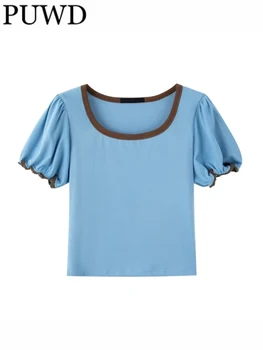 PUWD Дамски памучни сини тениски 2023, Летни модни дамски шик плочи с квадратна яка и къси ръкави в стил Ретро, Дамски тънки тениски
