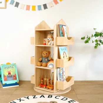 Детска Въртящата bookshelf Подвижната От масивно дърво от Екологично чисти Рафтове за съхранение на студентски Книги с картинки Детски играчки за съхранение