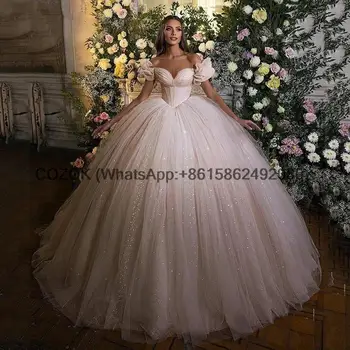 2023 Бална рокля на Принцеса Сватбена рокля с Къс ръкав, Прекрасни Сватбени рокли от Лъскави Тюл, Корсет за булката, Vestido De Noiva