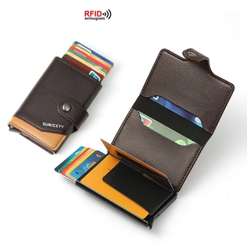 Държач за кредитни карти, Мъжки портфейл от изкуствена кожа, Малка алуминиева кутия, RFID Тънък Черен портфейл, Дизайнерски портфейл за пари, джоб за карти