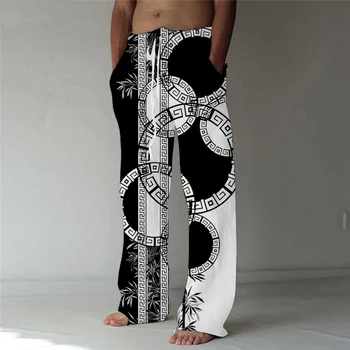 Мъжки панталони за почивка, по-големи размери, модерен широки плажни панталони с 3D принтом, джобове, еластичен колан на съвсем малък, Комфорт за йога, меки