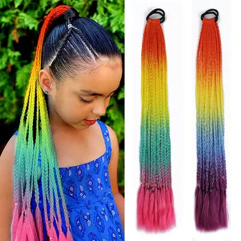 AZQUEEN Удължаване на коса от синтетични цветен оплетена опашка рейнбоу цвят, опашка във формата на конска опашка, с еластична лента, косичка за момичета