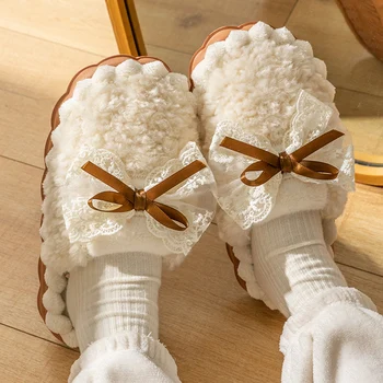 Дамски чехли с възел на пеперуда във френски стил; плюшен зимни памучен обувки; удобни нескользящие домашни обувки на плоска подметка; Zapatillas De Casa