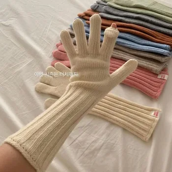 Есенно-зимни обикновена плетени ръкавици 2023, Дамски Дълги Топли ръкавици за мобилен телефон, модерни ръкавици с отворени пръсти