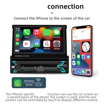 7-Инчов авто радио приемник, съвместим с Bluetooth, Безжична Carplay Android, Автоматично мултимедиен плеър Mirrorlink MP5 Player 1 Din AUX WiFi FM AM