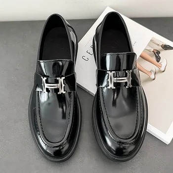 Мъжки бизнес ежедневни обувки на дебела подметка, светли кожени обувки със странични мъниста, метал обтегач, слипоны
