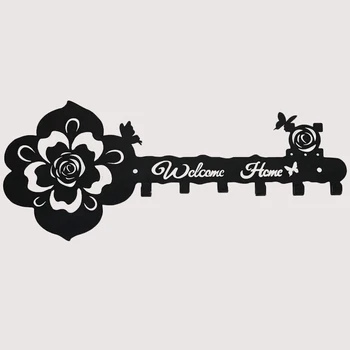 6 Куки, Черна Метална Закачалка за ключове с изображение на рози и пеперуди, Стенен държач за ключове, ДОБРЕ Дошли у Дома, Начертайте вашия дом в стил дизайн