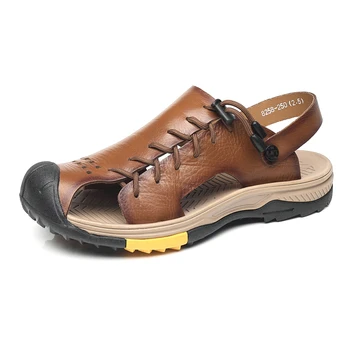 Плажни сандали изработени ръчно, мъжки летни обувки 2023, Модерен мъжки улични чехли дантела, с полукръгла деколте, Класически кожени мъжки чехли