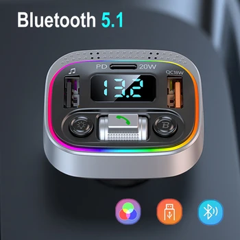2023 BT5.1 FM трансмитер Автомобилен Bluetooth Хендсфри Colorfu RGB Light Безжичен Приемник PD QC3.0 Двойно зарядно устройство за MP3 USB Музикален Плейър