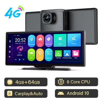 4G Android 10 10,26-Инчов Автомобилен видеорекордер Carplay с автоматична GPS навигация, таблото с резолюция 1080P FHD, огледален рекордер с две лещи, Огледална видеорекордер