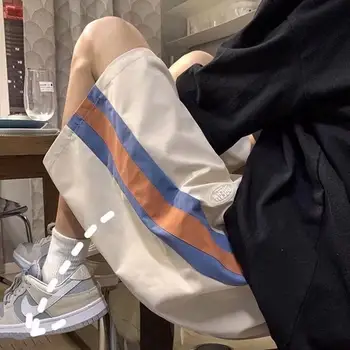Шарени баскетболни спортни панталони в контрастен цвят с дължина до коляното, къси панталони, Лятна ежедневни облекла за мъже с джобове, Широки пъхтя крака в корейски стил