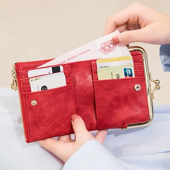 Мини-модерен Женски кратък портфейл Квадратна форма, Реколта чанта за кредитни карти с голям капацитет, документ за самоличност