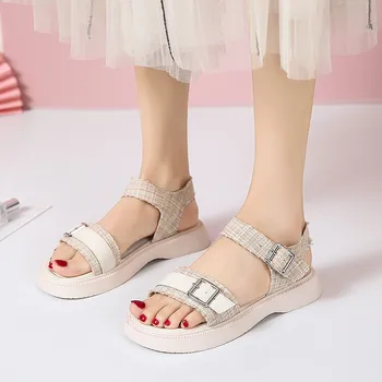 Дамски сандали 2023, Дамски обувки на нисък ток с каишка, Универсални Меки сабо за момичета, Удобни Летни Модни Бежово
