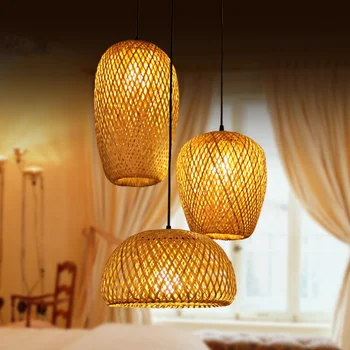 Бамбук окачен лампа LED От естествен Ратан Ръчно изработени в Ретро стил Декор за хотелския ресторант, Селска чайна, Бамбук Полилей INS Блясък