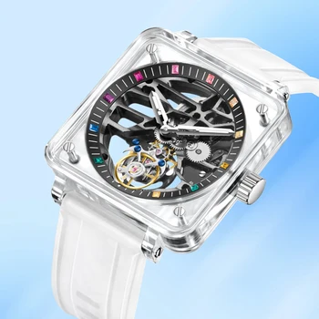 Мъжки часовник Aesop с Турбийоном, механизъм с ръчно от Нажежен син сапфир Прозрачен, Модерен Ежедневни механични мъжки ръчен часовник