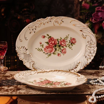 Керамични съдове в европейски стил, Позлатен ръб, Розова Керамична Плоча с златен рибата, Овална чиния