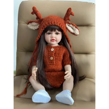 55 см 22 инча Възстановената Кукла за най-Малките Момичета Реалистични Кукли-Реборны Меки Силиконови Дълга Кестенява Коса Реалистична Кукла За Деца, Подарък За Рожден Ден