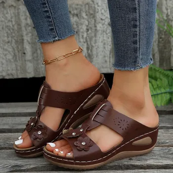 Дамски сандали, чехли от коноп на танкетке, летни обувки на платформа в ретро стил с цветя, обувки на танкетке, плажни обувки с дебели подметки, Sandalias
