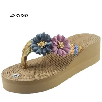 ZXRYXGS/ Нови Летни джапанки, обувки с каишка отзад на танкетке с дебела подметка; Дамски обувки; Колекция 2023 г.; Класически Чехли с цветен модел; Плажни дамски Чехли Tide