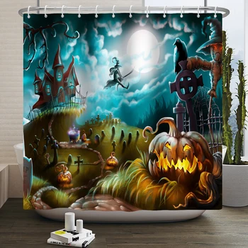 Завеса за душ за Хелоуин, Деня на Ужасите в Нощта на Светиите, Фенерче във формата на тиква, Страшен замък, Призрак вещици, Водоустойчив завеса за баня с куки