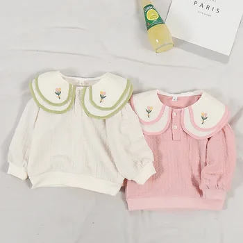2023 Корейската версия, Есенна детска hoody с двойно ревера на Едро, Пуловер за момичета 0-3 години, Връхни дрехи