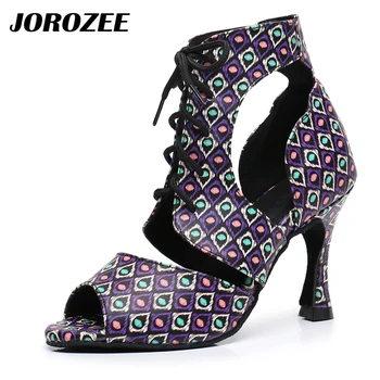 JOROZEE/ Балетные обувки; Дамски обувки за Салса от естествена кожа с флорални принтом; Обувки за танци балната зала в кубински стил на висок ток 9 см