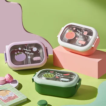 Kawaii Cartoon Bento Box, съд за микровълнова фурна, за деца, за пикник, за училище, Преносим Обяд-кутия от неръждаема стомана, херметически затворени