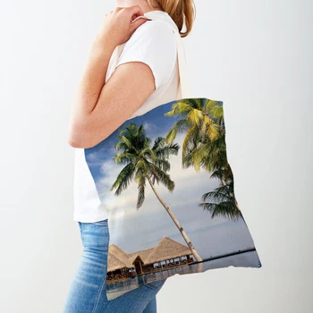 Селски Кокосова Палма, Красиви пейзажи, Дамски Ежедневни чанта за пазаруване, Cartoony Плаж, за Многократна употреба Сгъваеми Холщовые дамски чанти-тоут