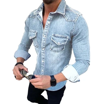 Есенно-пролетни мъжки дънкови ризи Slim Fit с дълъг ръкав и нагрудным джоб, ежедневни ризи с копчета, блузи, мъжки дрехи