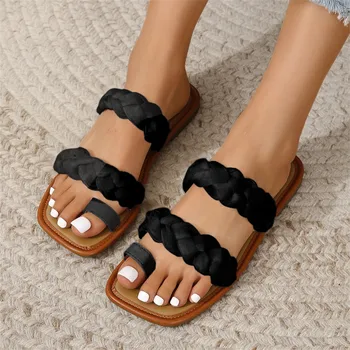 Дамски Летни прости обикновена сандали с отворени пръсти, елегантна градинска дрехи, ежедневни сандали за жени, дамски сандали без обков с двойна катарама