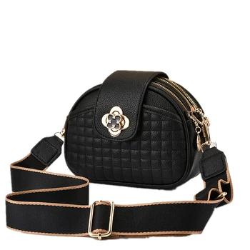 Дамски малки кръгли чанти от изкуствена кожа Известната марка, Дизайнерска чанта през рамо с широк колан, 3-слойная дамска чанта с цип